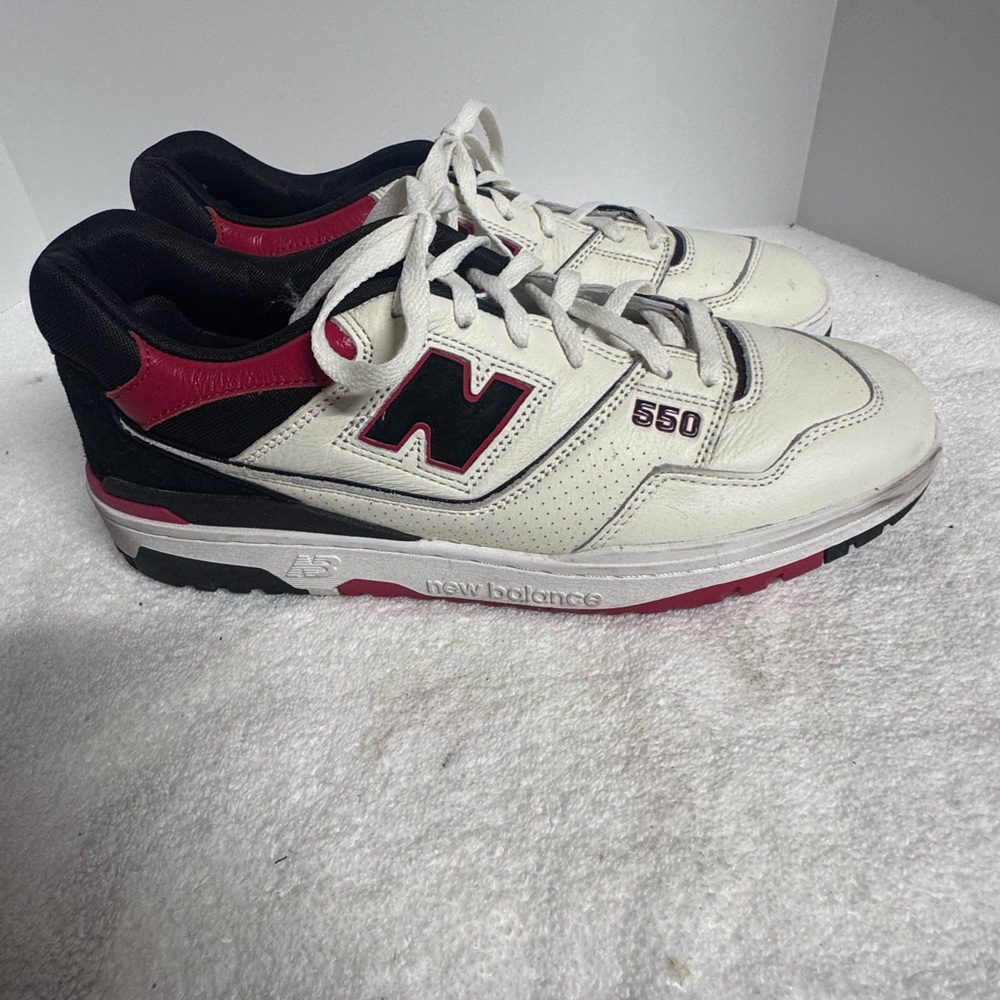 New Balance 550 Cream and Black Sneakers with Red Accents